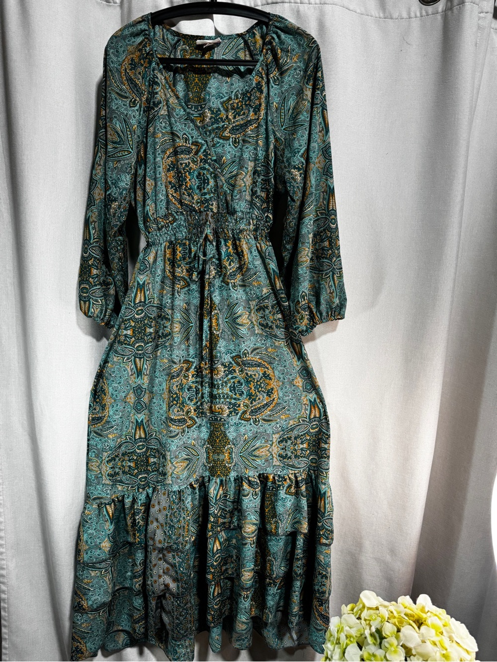 Boemo Women's Dress XL/P Turquoise Gold Paisley V-Neck Long Sleeve Midi Smocked